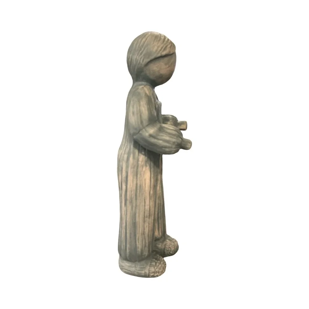 Vintage Ceramic Faceless Boy in Overalls Figurine Blue Grey Rustic Art 10.5